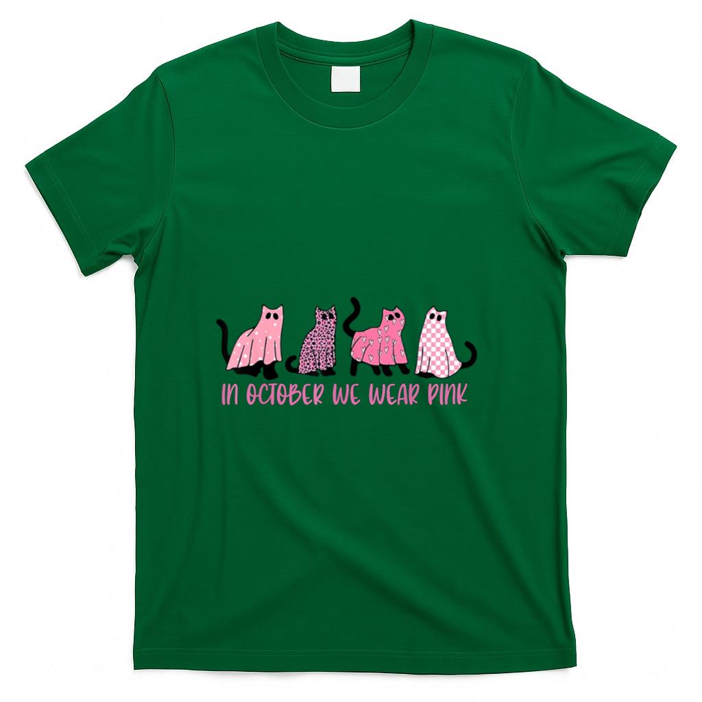 in October We Wear Pink Ghost Cats Breast Cancer Awareness T-Shirt
