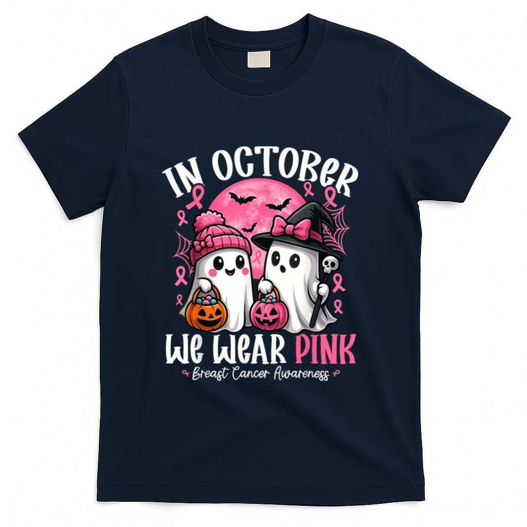 in October We Wear Pink Ghost Witch Breast Cancer Awareness T-Shirt_4
