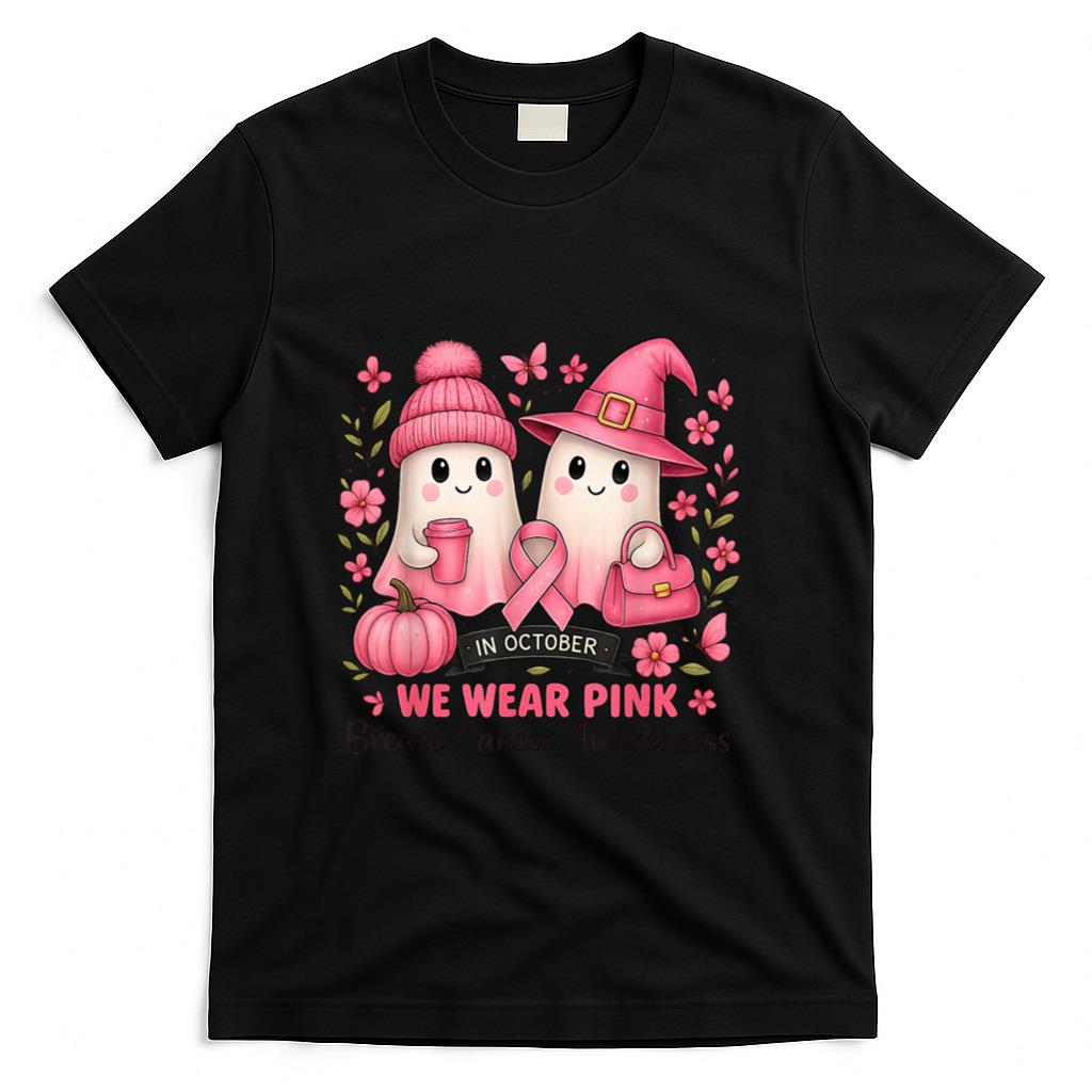 in October We Wear Pink Cute Ghost Breast Cancer Awareness T-Shirt