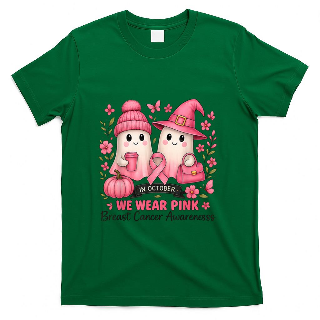 in October We Wear Pink Cute Ghost Breast Cancer Awareness T-Shirt