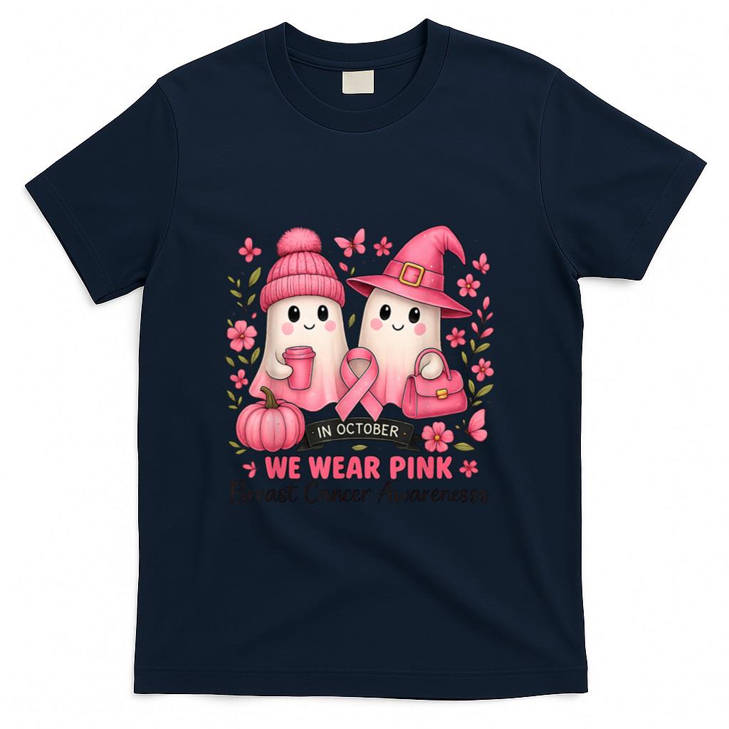 in October We Wear Pink Cute Ghost Breast Cancer Awareness T-Shirt