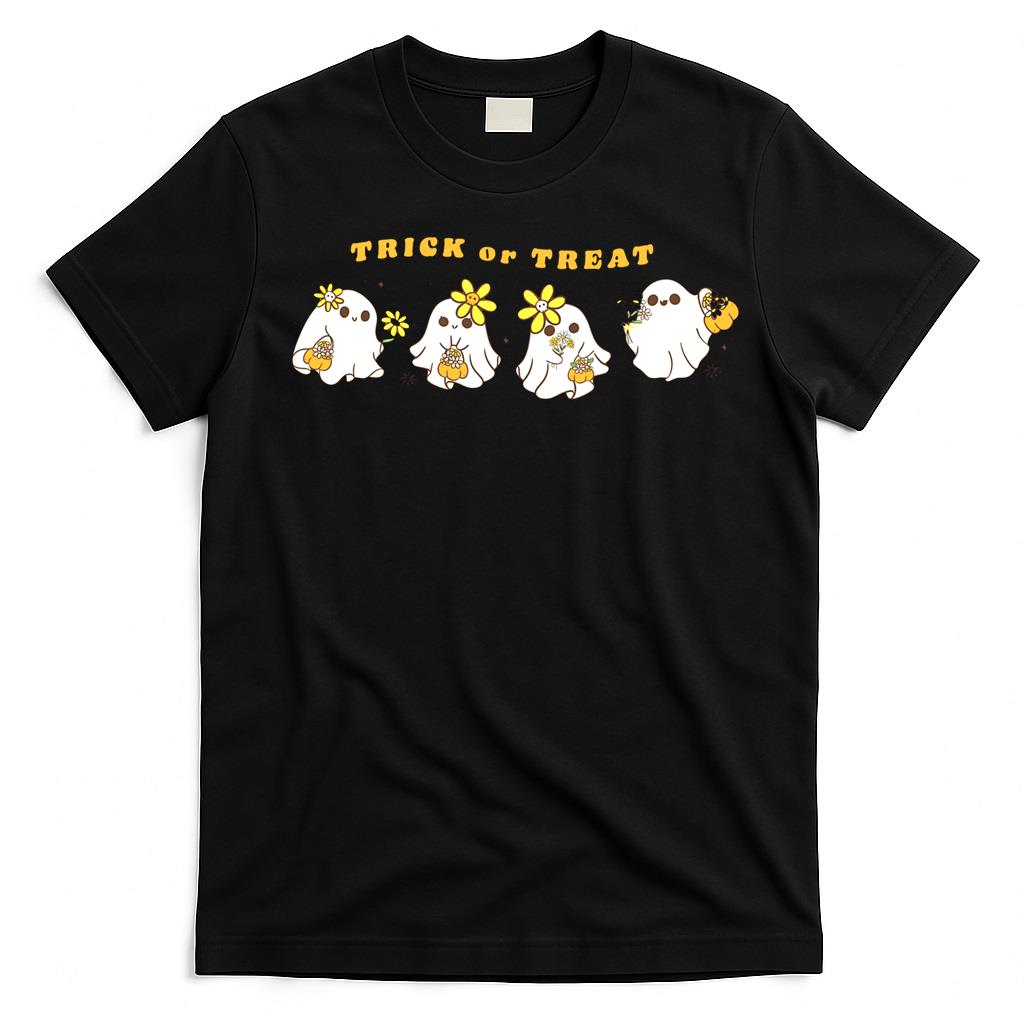 Trick or Treat Ghosts Wearing Daisies and Carrying Pumpkins Design Premium T-Shirt
