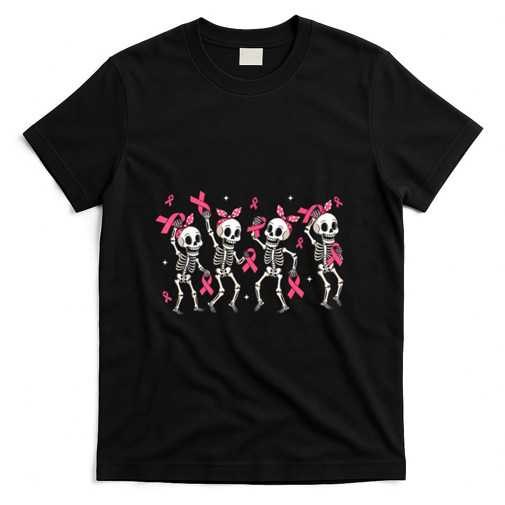 Pink Ribbon Skeleton Halloween Breast Cancer Awareness T-Shirt