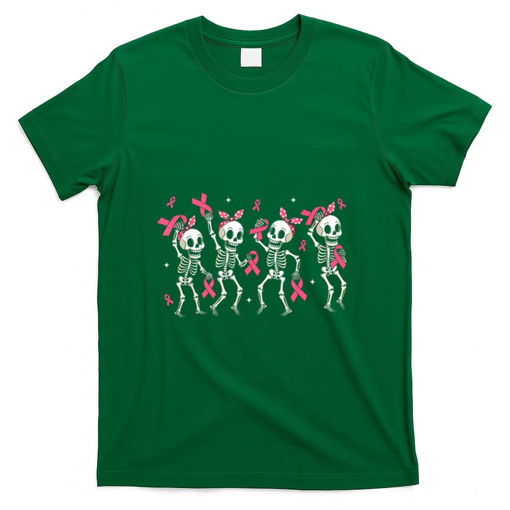 Pink Ribbon Skeleton Halloween Breast Cancer Awareness T-Shirt