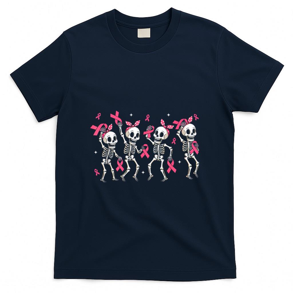 Pink Ribbon Skeleton Halloween Breast Cancer Awareness T-Shirt