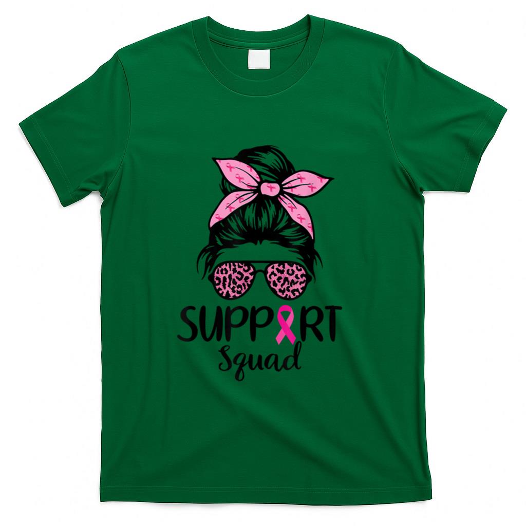 Breast Cancer Awareness Shirt Women Support Squad Messy Bun T-Shirt