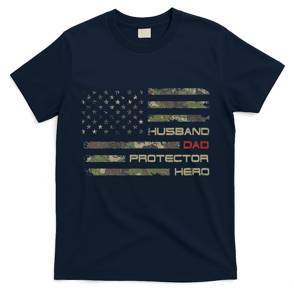 Camouflage American Flag Husband Dad Protector Hero Father T-Shirt