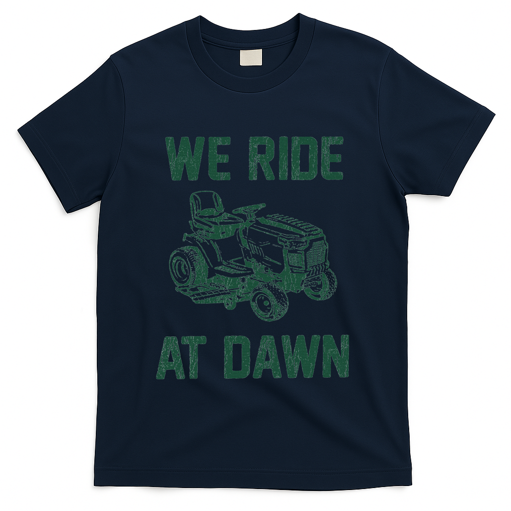 We Ride At Dawn Retro Lawn Mowing Dad Funny Mower T-Shirt