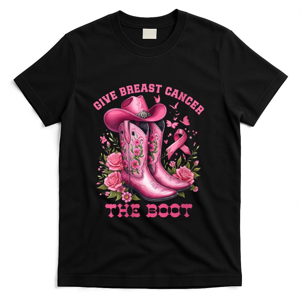 Womens Give Breast Cancer The Boot Cowgirl Cancer Awareness Ribbon V-Neck T-Shirt