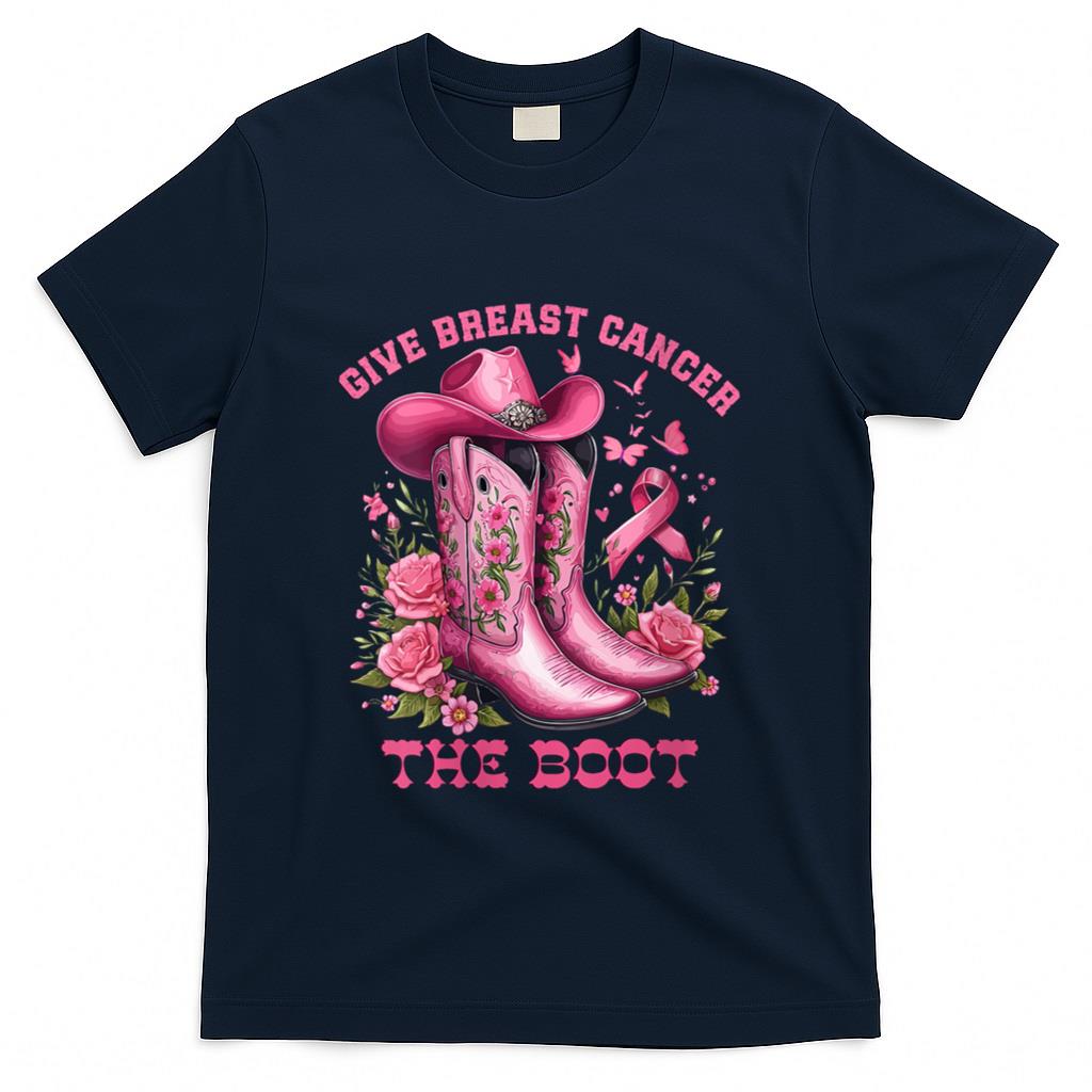 Womens Give Breast Cancer The Boot Cowgirl Cancer Awareness Ribbon V-Neck T-Shirt