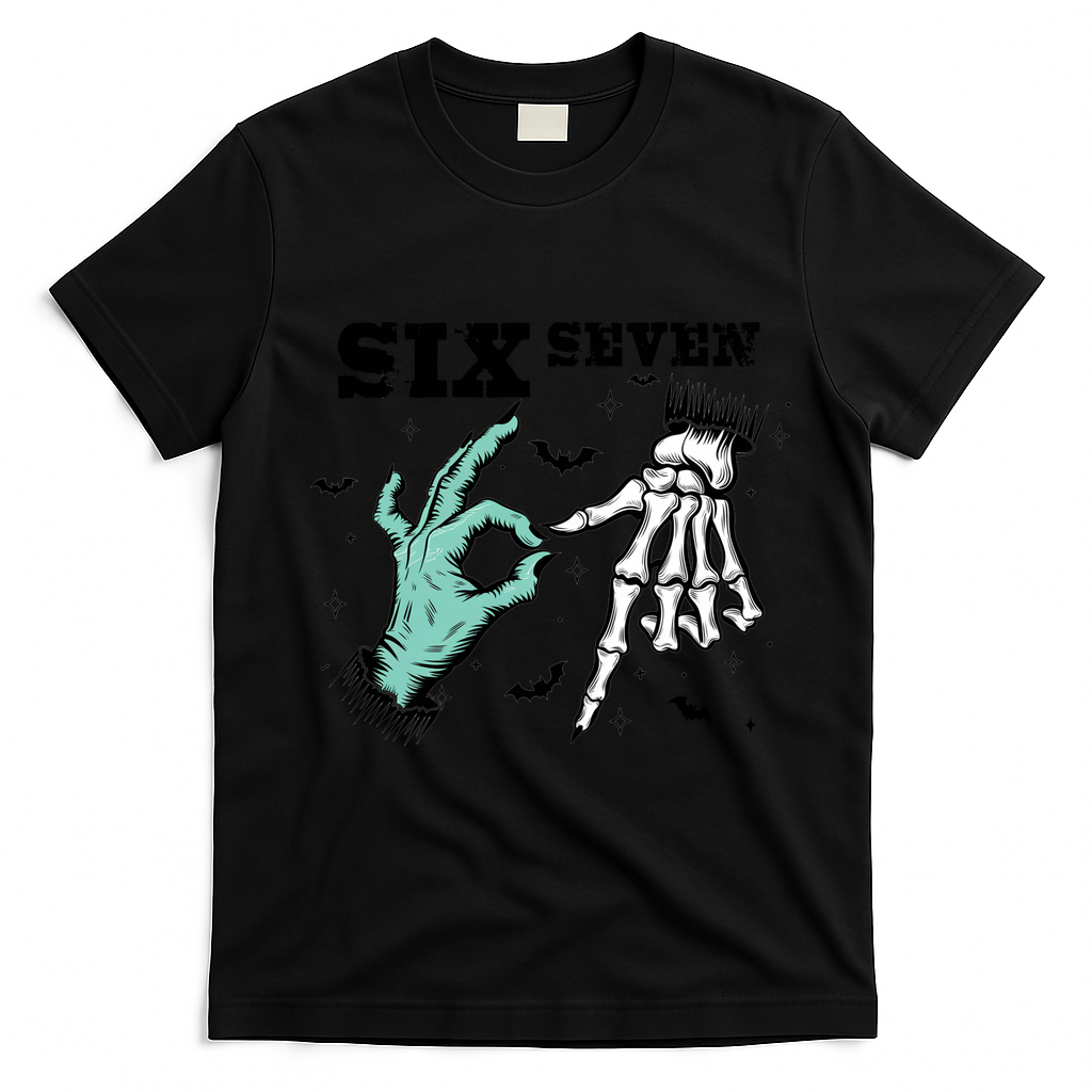 6 7 Meme Funny Witch Skeleton Hands 67 Halloween T-Shirt - Black