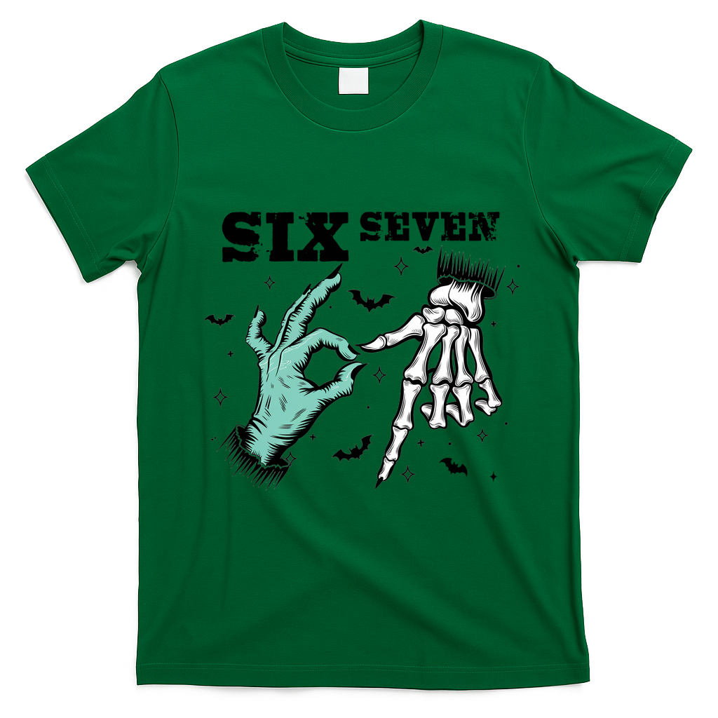 6 7 Meme Funny Witch Skeleton Hands 67 Halloween T-Shirt - Irish Green