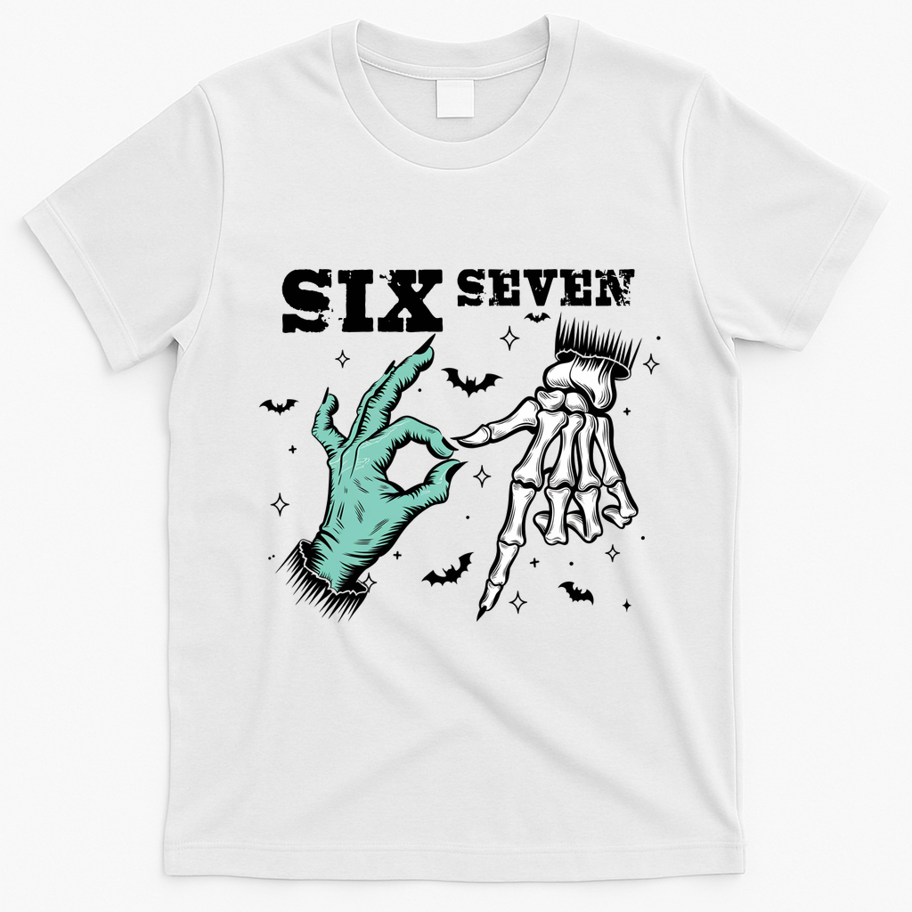 6 7 Meme Funny Witch Skeleton Hands 67 Halloween T-Shirt - White