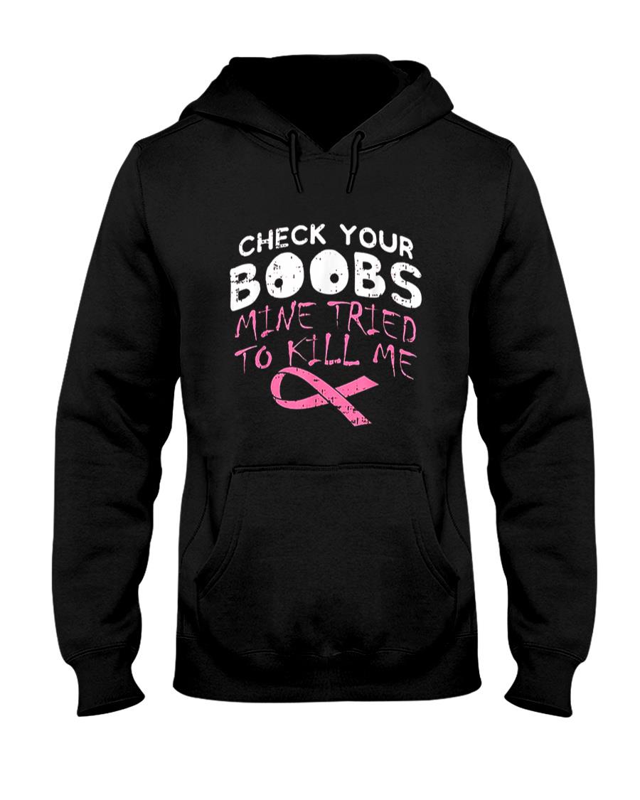 Check Your Boobs Mine Tried To Kill Me Funny Breast Cancer T-Shirt