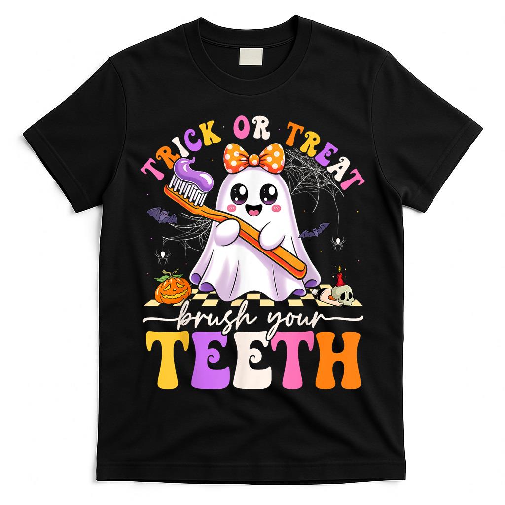 Funny Ghost Boo Halloween Trick Or Treat Brush Your Teeth T-Shirt