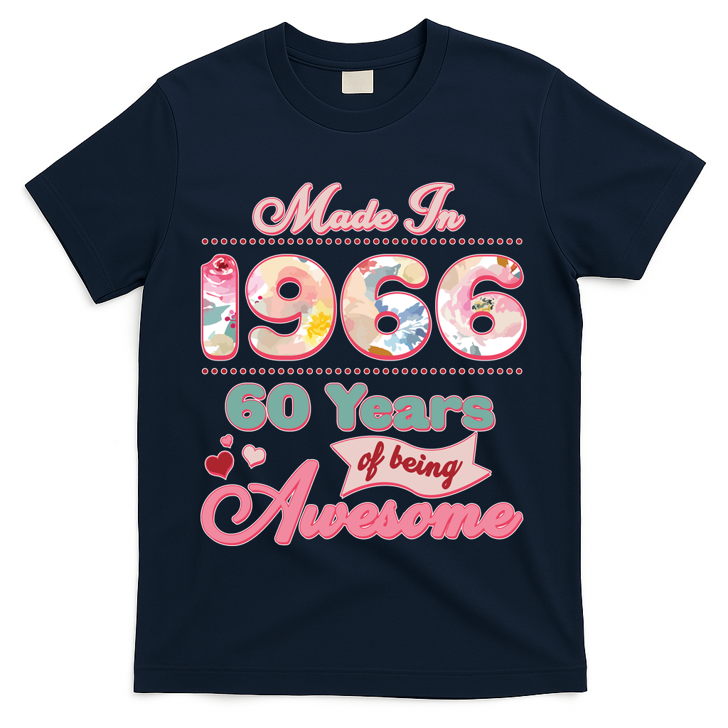 60th Birthday Pink Floral Made In 1966 Years Of Being Awesome T-Shirt