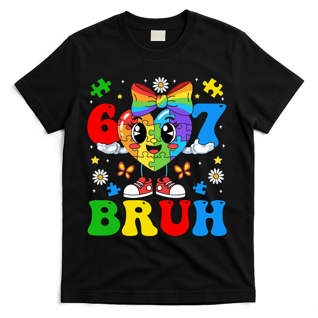67 Bruh Puzzle Heart Autism Awareness T-Shirt - Black