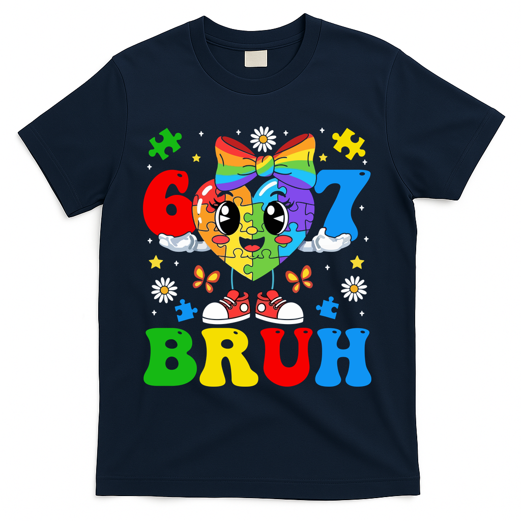 67 Bruh Puzzle Heart Autism Awareness T-Shirt - Navy