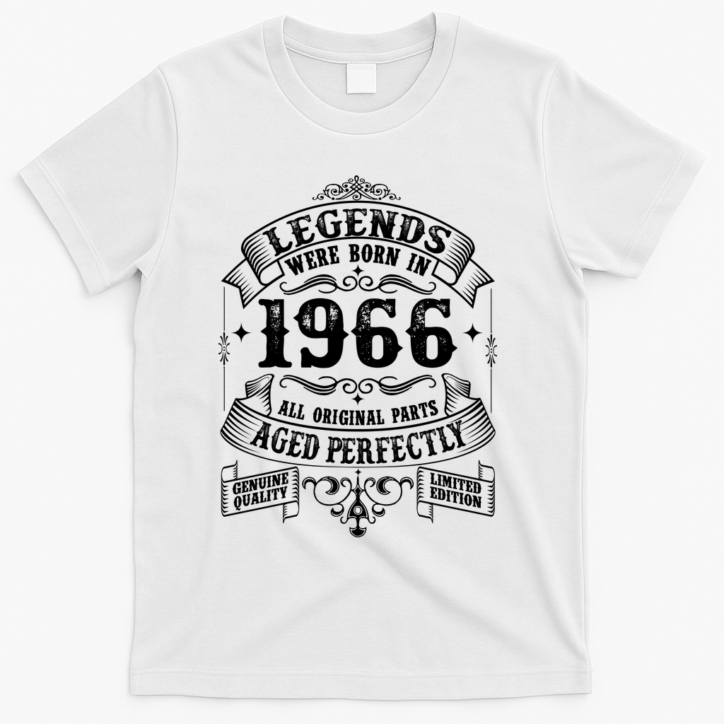 60th Birthday Vintage Scroll Border Legends Were Born Age Perfectly 1966 T-Shirt - White