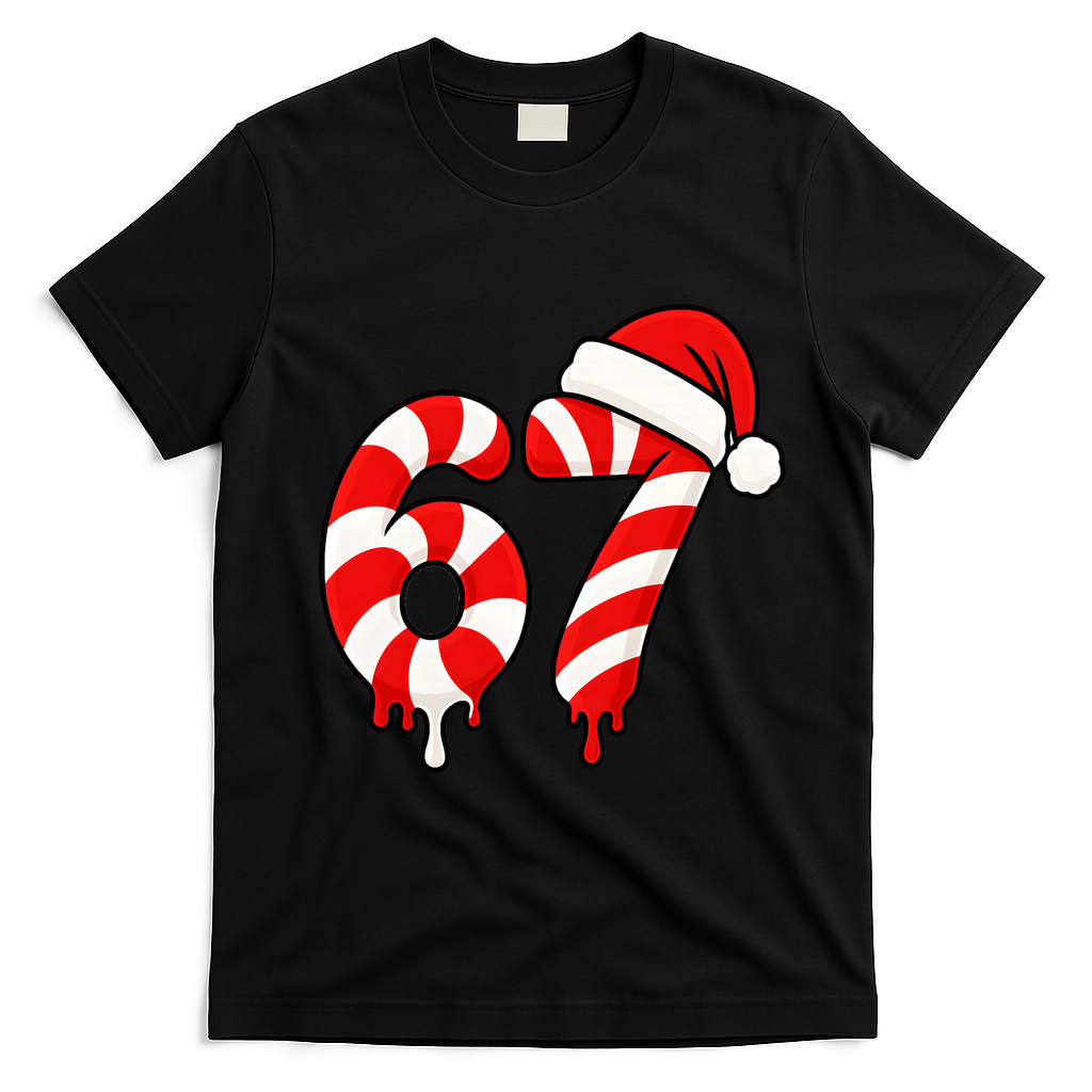 67 Christmas Candy Cane Number Sixty Seven Santa  T-Shirt - Black