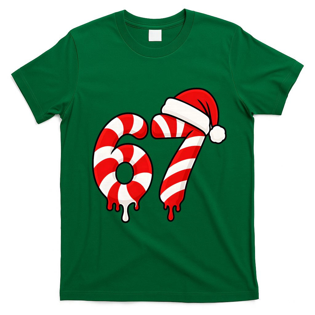 67 Christmas Candy Cane Number Sixty Seven Santa  T-Shirt - Irish Green