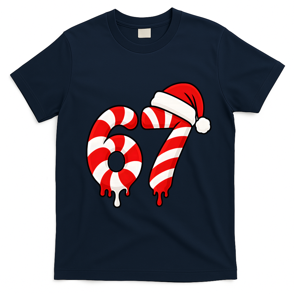 67 Christmas Candy Cane Number Sixty Seven Santa  T-Shirt - Navy Blue