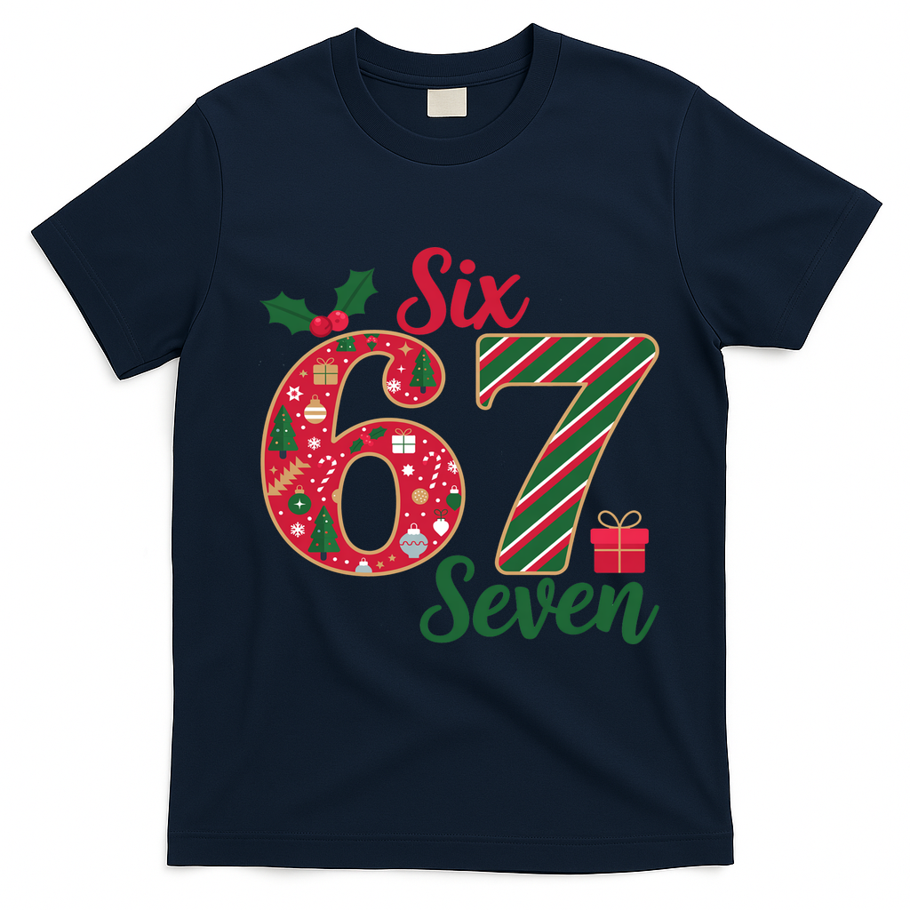 67 Christmas Festive 6-7 Six Seven Meme T-Shirt - Navy Blue
