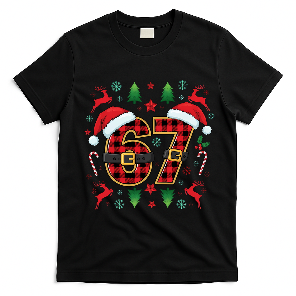 67 Christmas Plaid Number Viral Meme 6-7 Six Seven T-Shirt - Black