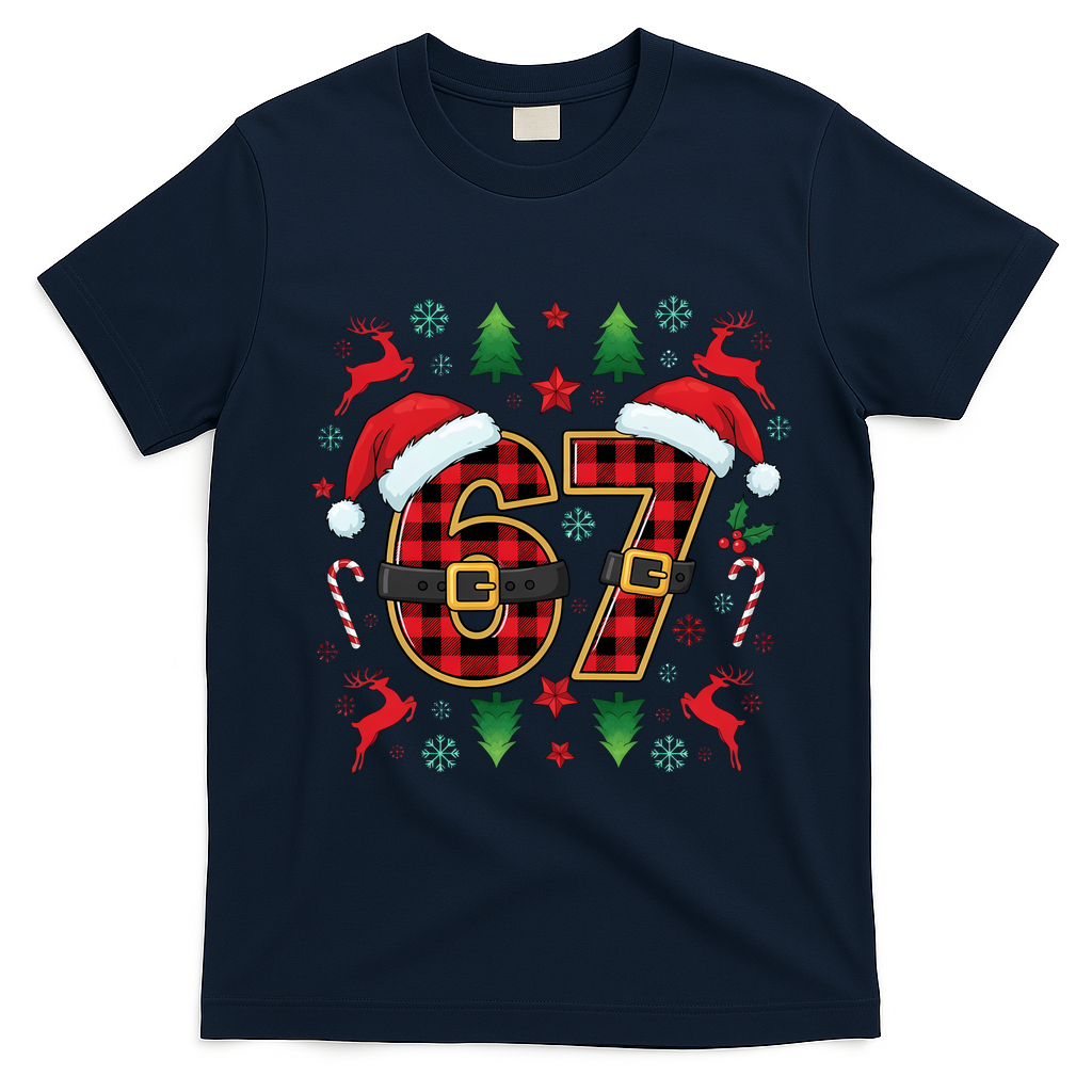 67 Christmas Plaid Number Viral Meme 6-7 Six Seven T-Shirt - Navy Blue