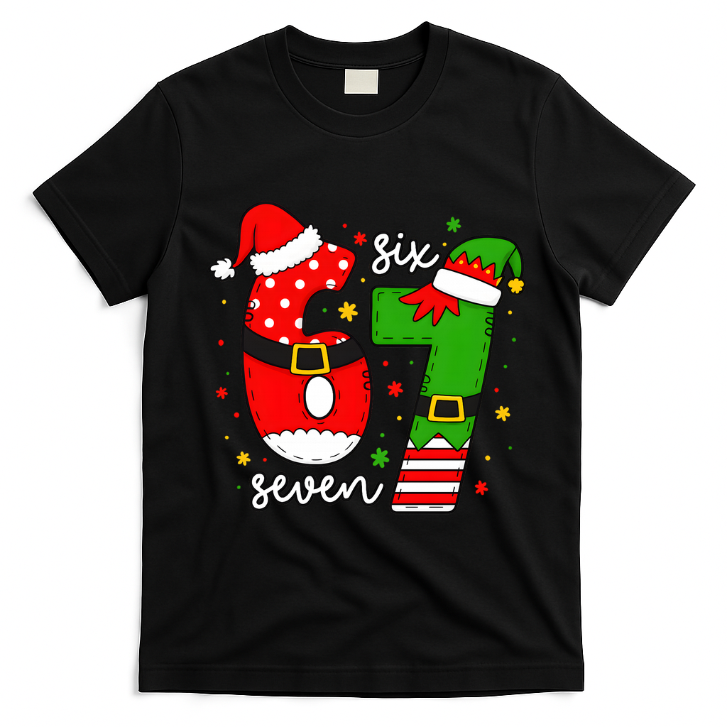 67 Meme Six Seven Christmas Santa Elf Funny T-Shirt - Black