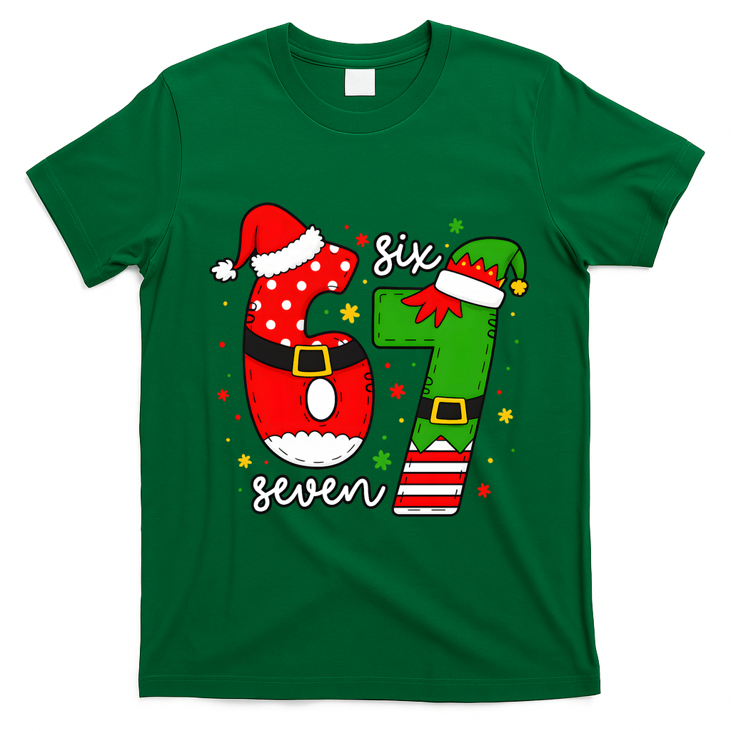 67 Meme Six Seven Christmas Santa Elf Funny T-Shirt - Irish Green