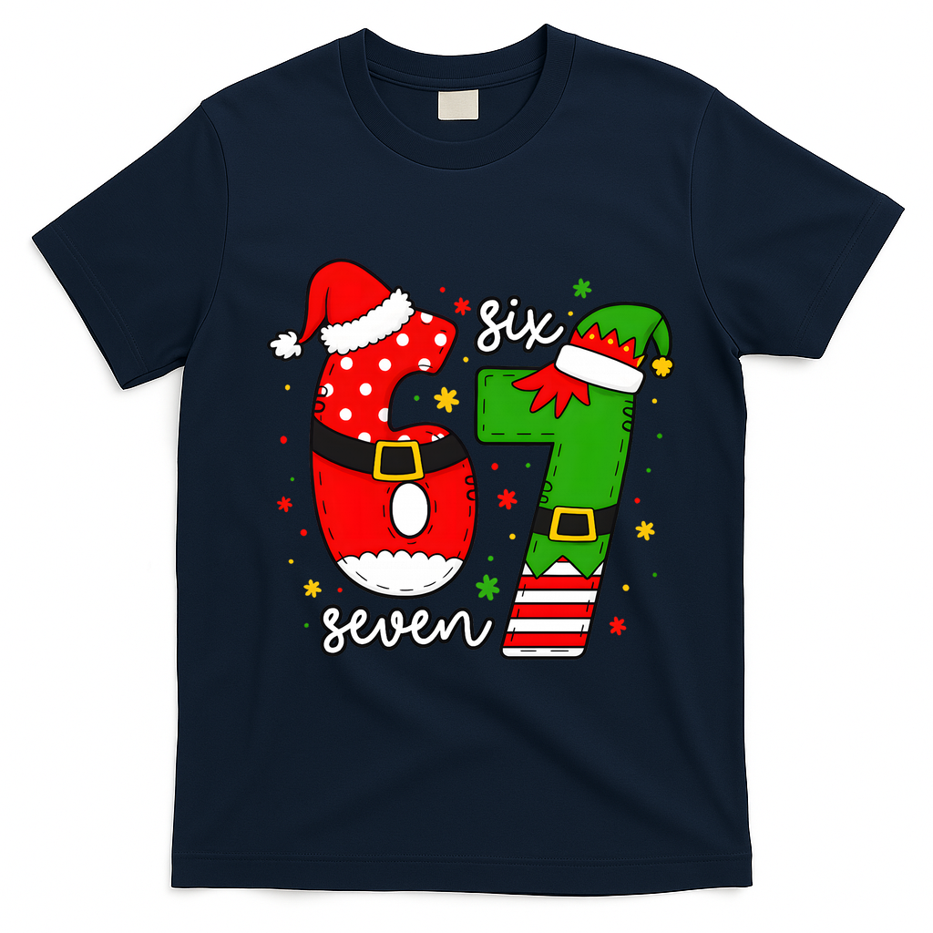 67 Meme Six Seven Christmas Santa Elf Funny T-Shirt - Navy Blue