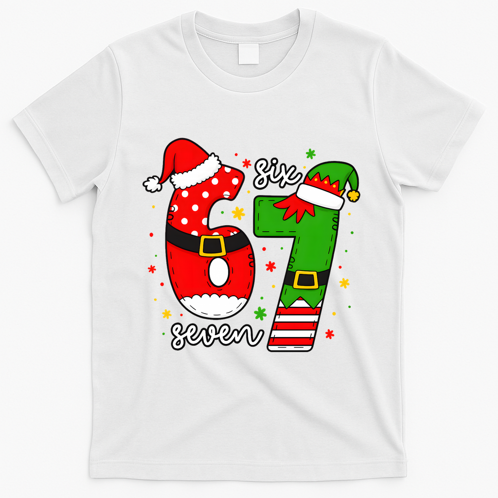 67 Meme Six Seven Christmas Santa Elf Funny T-Shirt - White