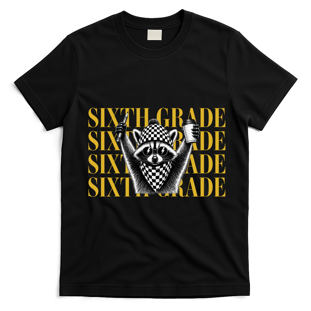 6th Six Grade Funny Raccoon Back To School T-Shirt - Black