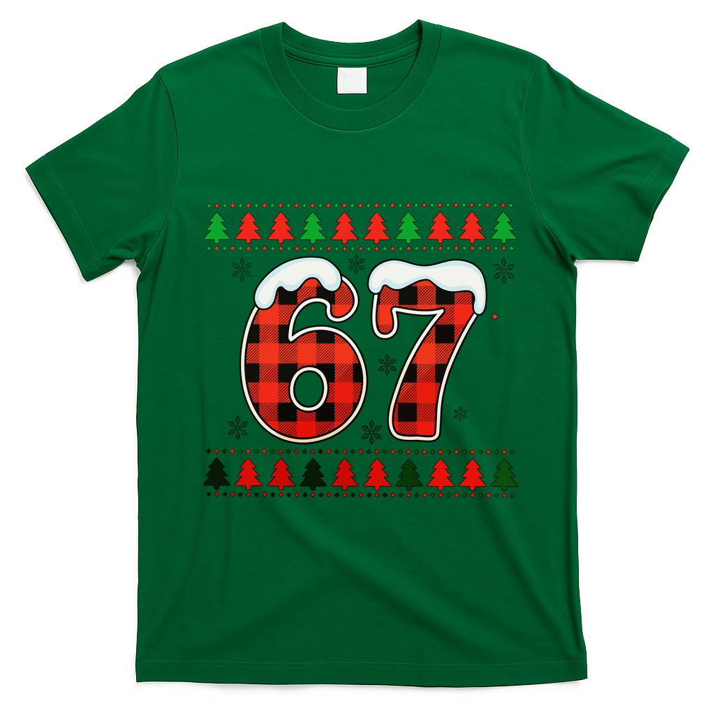 67 Ugly Christmas Xmas Buffalo Plaid Six Seven T-Shirt - Irish Green