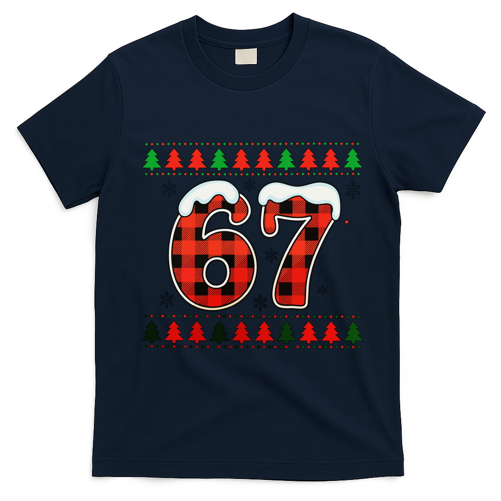 67 Ugly Christmas Xmas Buffalo Plaid Six Seven T-Shirt - Navy Blue