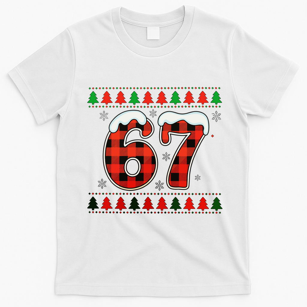 67 Ugly Christmas Xmas Buffalo Plaid Six Seven T-Shirt - White