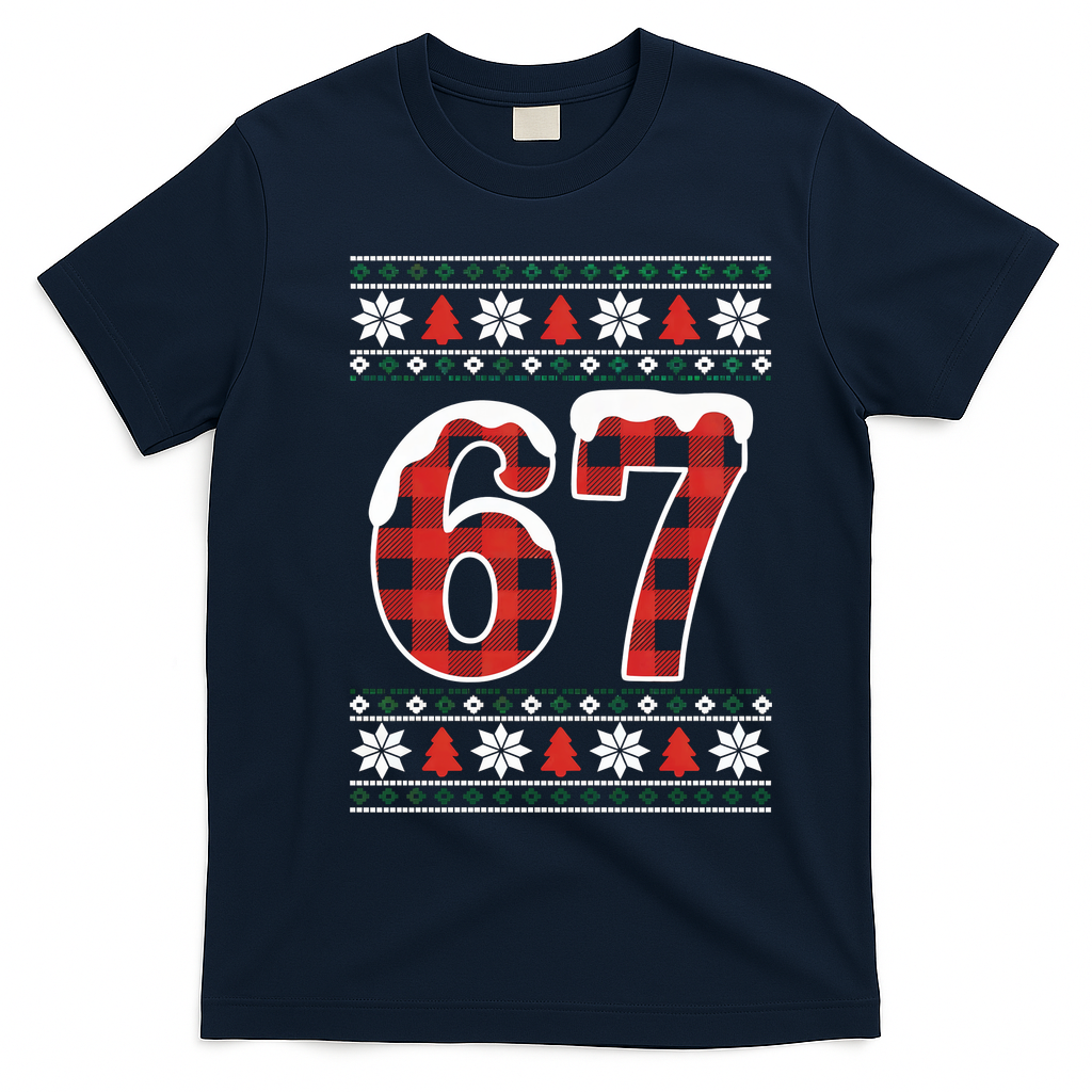 67 Ugly Sweater Christmas Six Seven Meme T-Shirt - Navy Blue