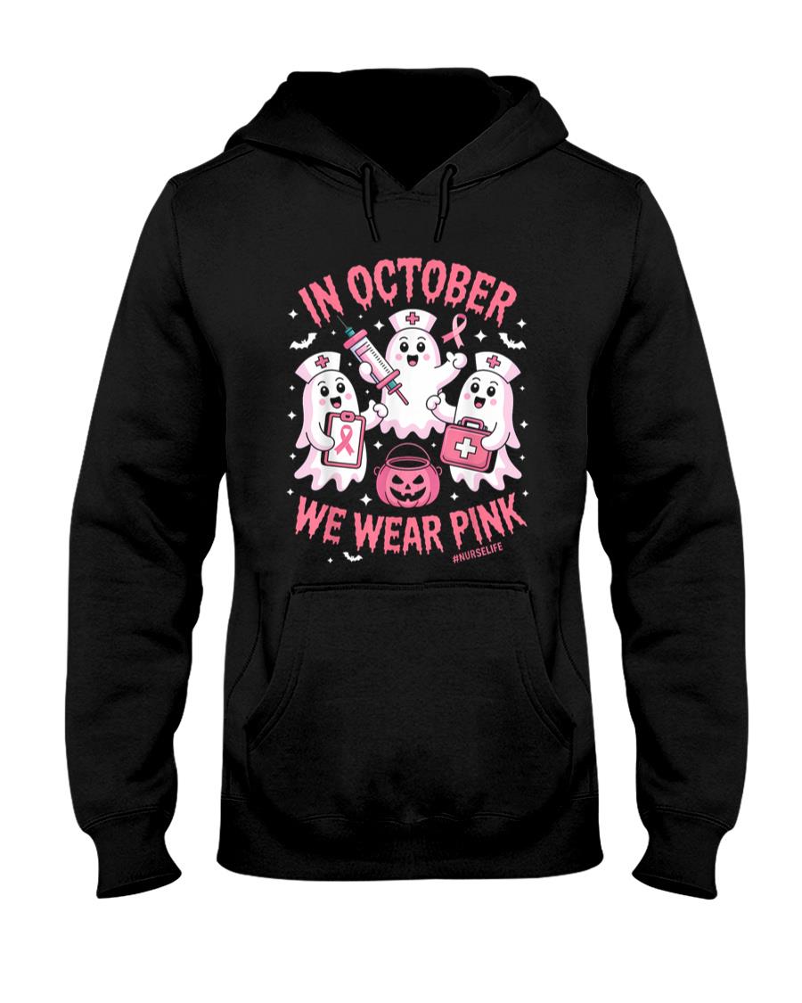 In October We Wear Pink Nurse Ghost Halloween Breast Cancer T-Shirt_1