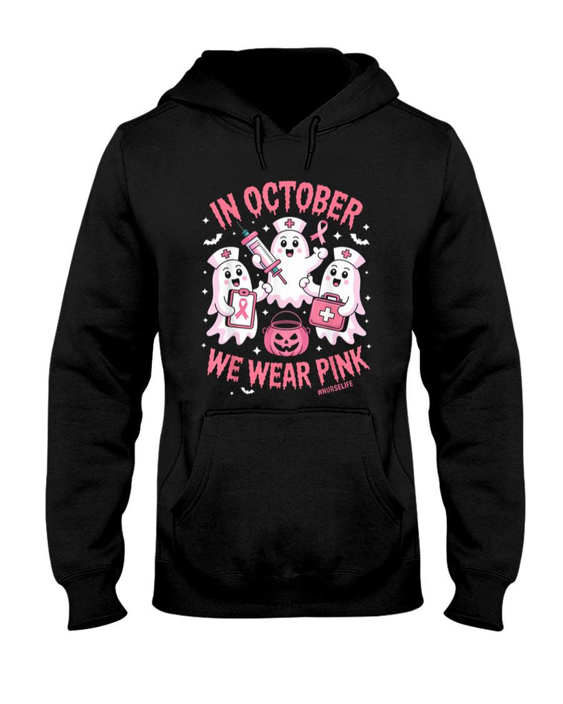 In October We Wear Pink Nurse Ghost Halloween Breast Cancer T-Shirt_1