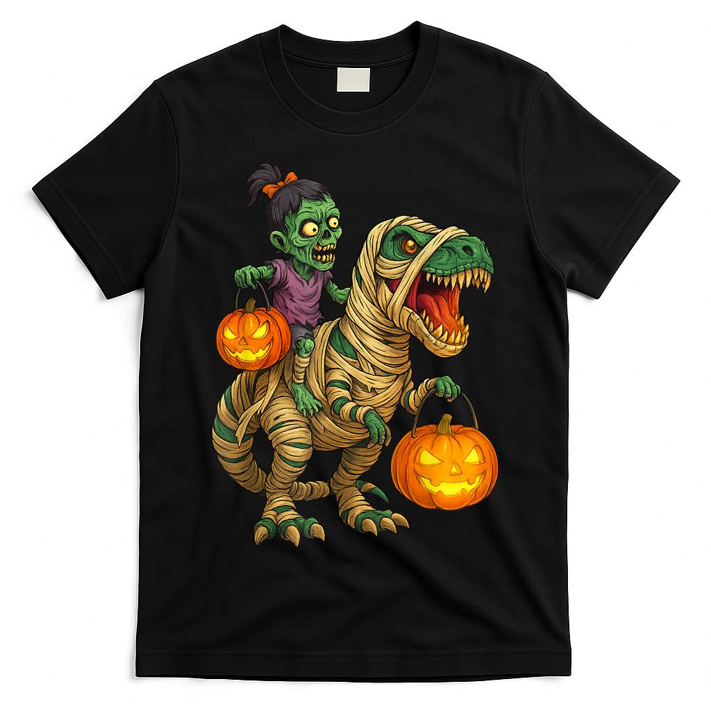 Zombie Girl Riding Mummy T Rex Halloween Kids Trick Or Treat T-Shirt
