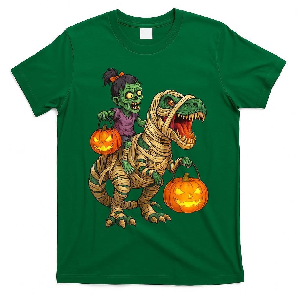 Zombie Girl Riding Mummy T Rex Halloween Kids Trick Or Treat T-Shirt