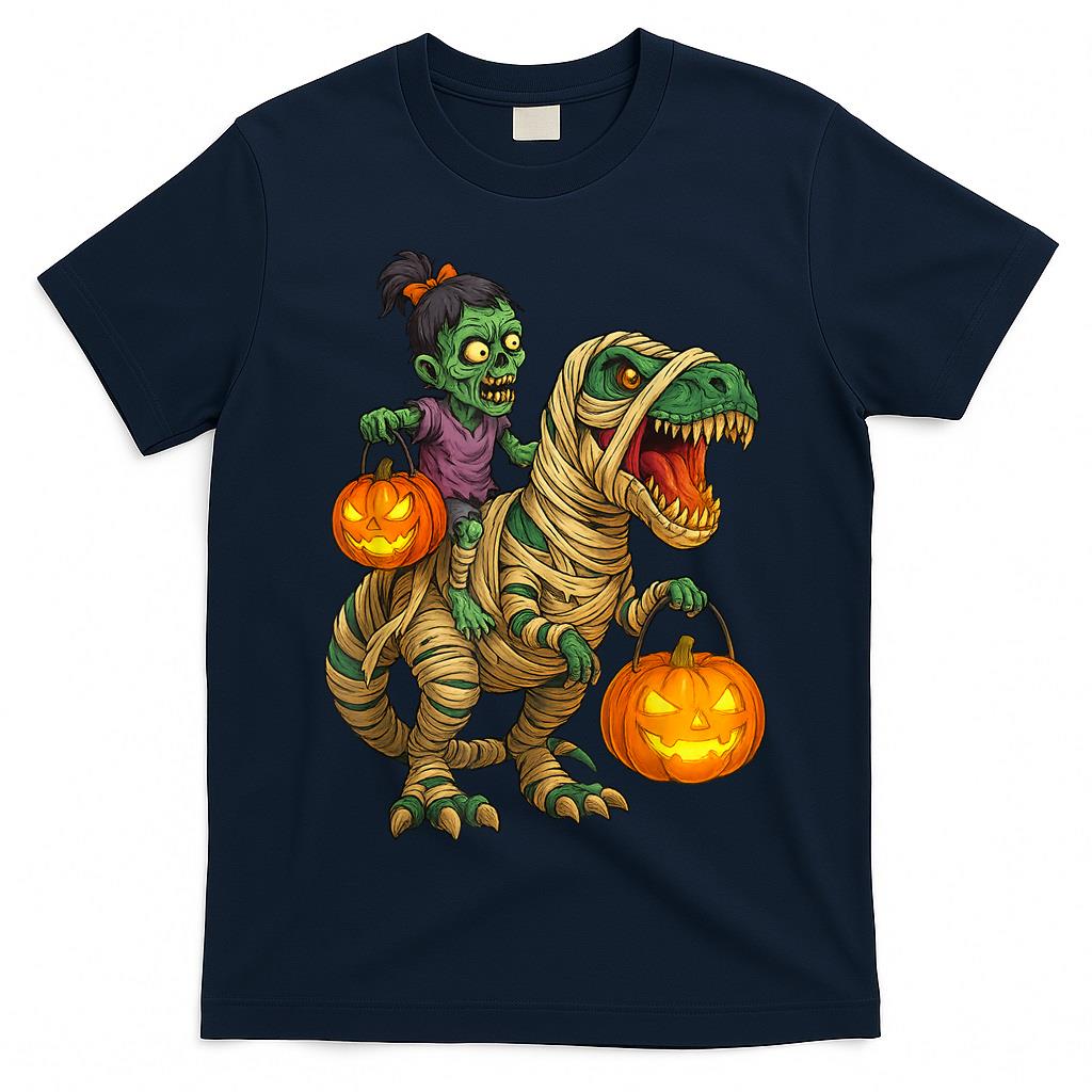 Zombie Girl Riding Mummy T Rex Halloween Kids Trick Or Treat T-Shirt