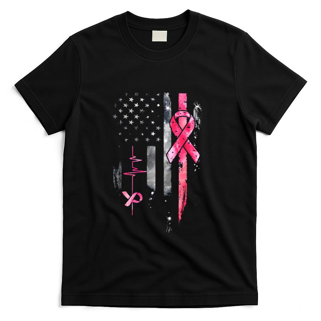 American Flag Pink Ribbon Breast Cancer Awareness Support T-Shirt