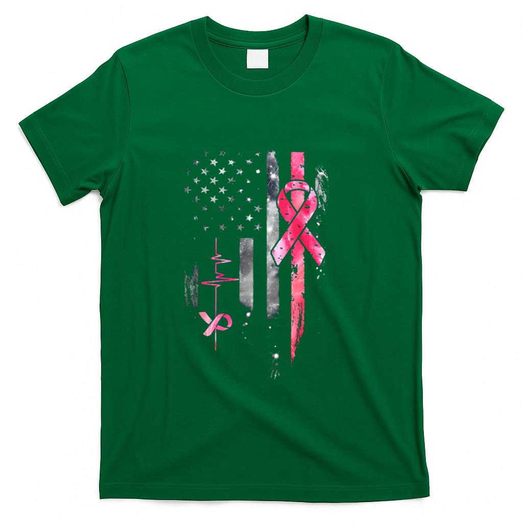 American Flag Pink Ribbon Breast Cancer Awareness Support T-Shirt