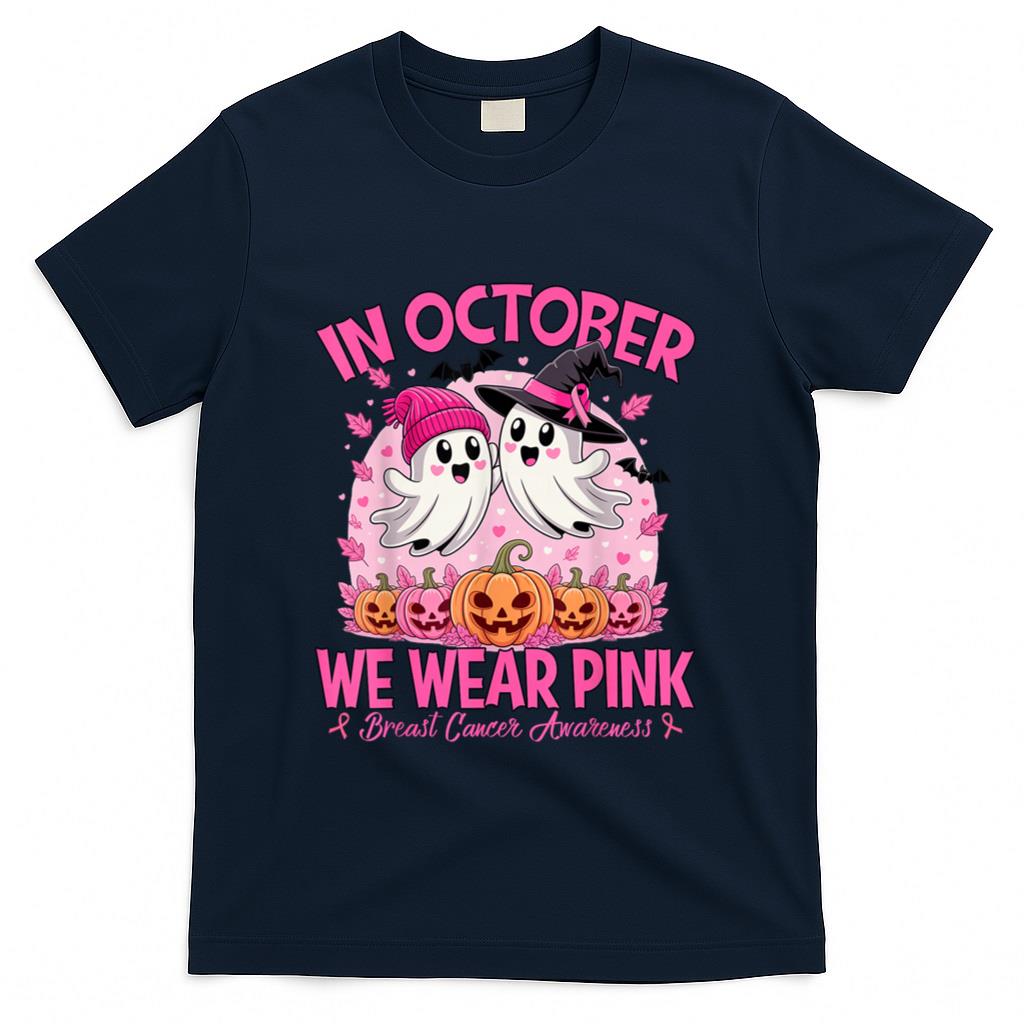 in October We Wear Pink Ghost Witch Breast Cancer Awareness T-Shirt_3