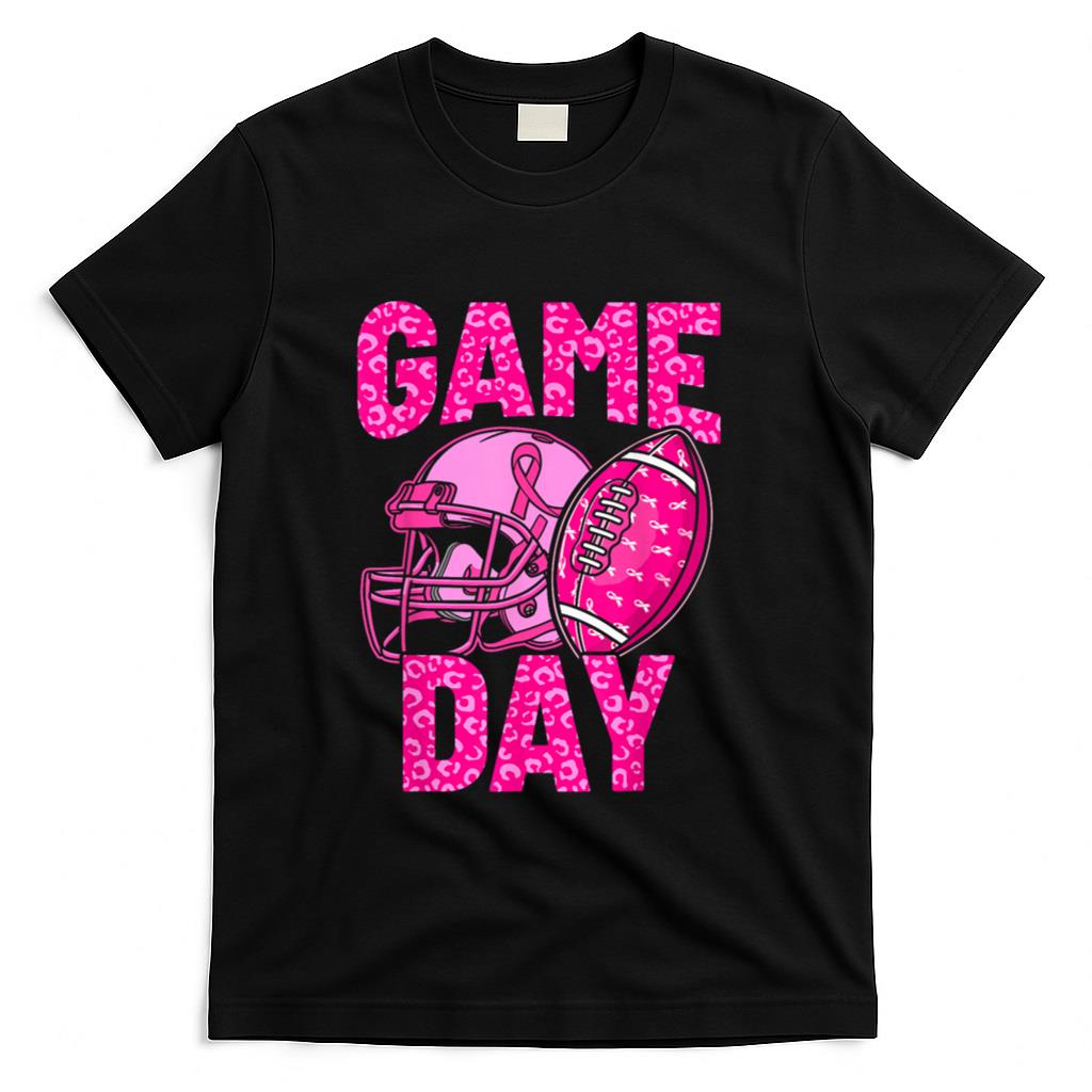 Leopard Game Day Pink American Football Tackle Breast Cancer T-Shirt