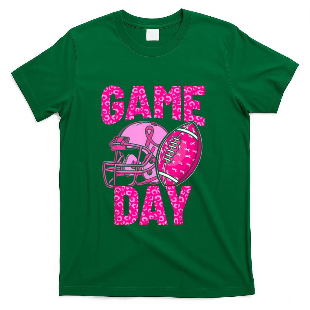 Leopard Game Day Pink American Football Tackle Breast Cancer T-Shirt