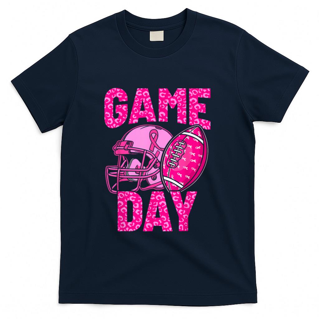 Leopard Game Day Pink American Football Tackle Breast Cancer T-Shirt