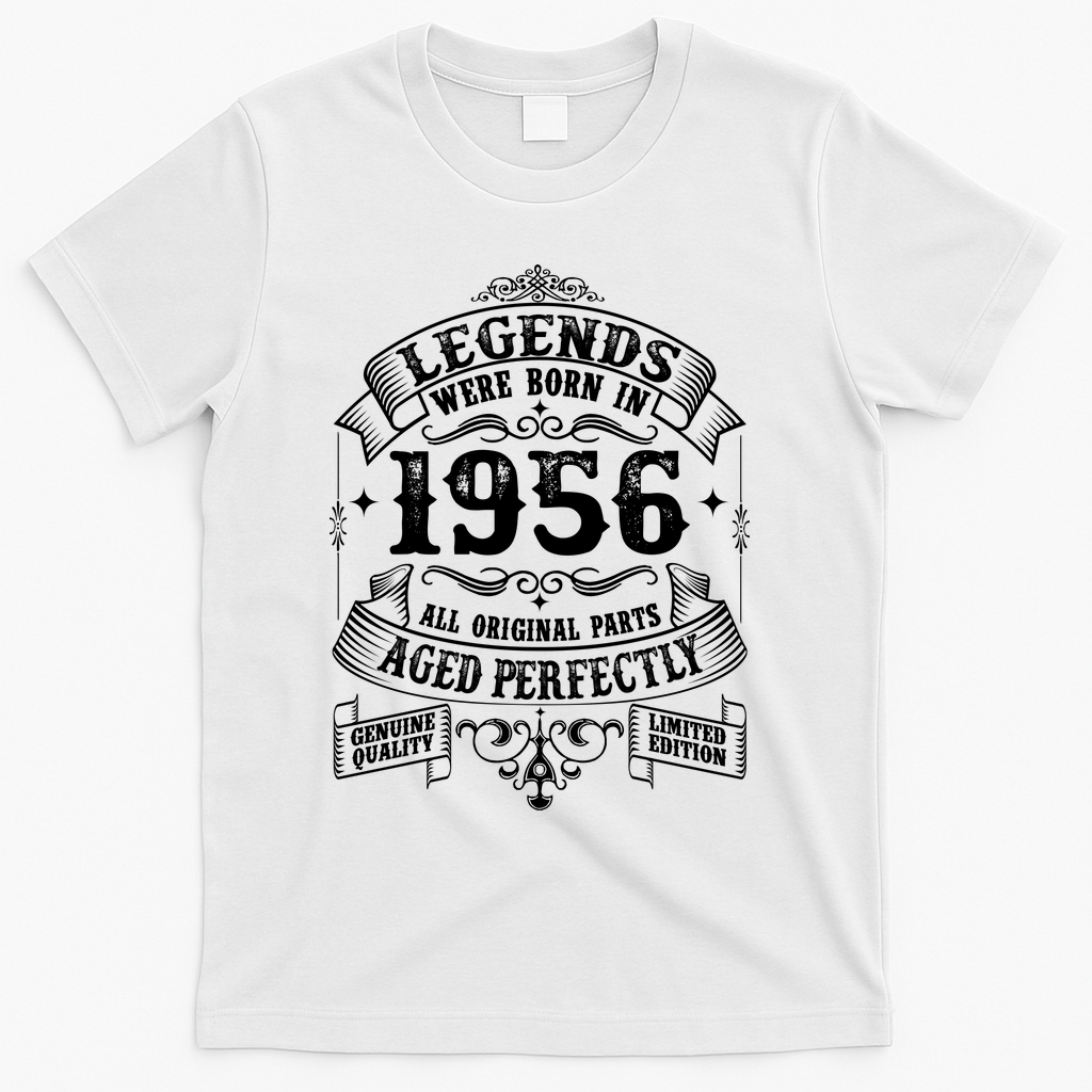 70th Birthday Vintage Scroll Border Legends Were Born Age Perfectly 1956 T-Shirt - White